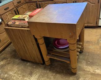 Butcher block island and rolling microwave cart