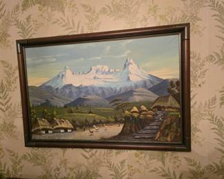 A large selection of vintage wall art... this one by Ligia Tara features lama and the Andes Mountains