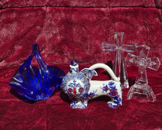 porcelain lion vintage decanter / pitcher marked Beriozka made in USSR, glass crosses, and blue Glass Bohemia- Handmade Czech Republic 