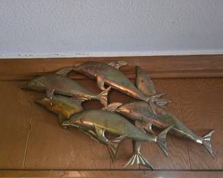 Vintage brass wall art - Pod of dolphins