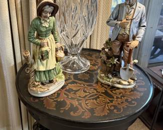 Vintage Homco porcelain figurines, Royal Limited crystal tulip vase of 24% lead crystal,  and a nice accent table with leaf motif 