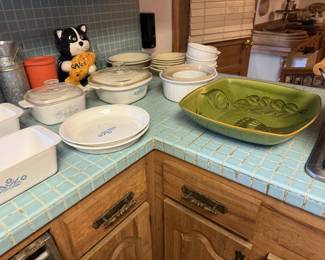 Vintage Montgomery Ward Kitty Cat Cookie Jar, Pyrex with Blue Cornflower and Country Cornflower patterns