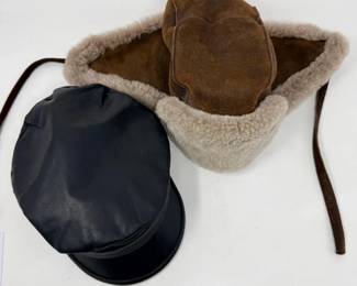 213 BlackLeatherFiddlersCapBrownSheepskinTrappersHat