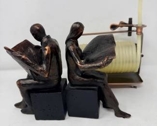 194 BronzeToneManWomanBookEndsBeeswaxSpiralCandle