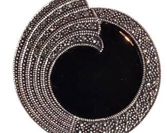 Sterling Silver Onyx Pyrite Brooch