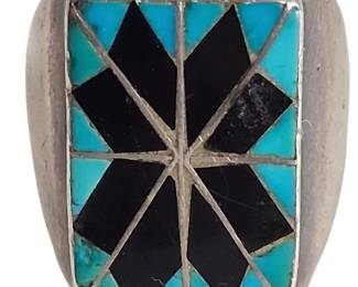 Signed Zuni Sterling Silver Turquoise Onyx Inlay Ring