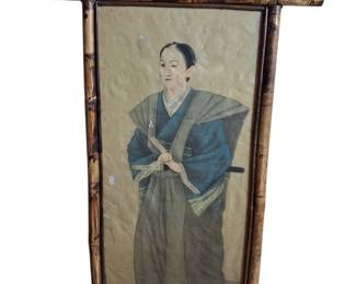 Antique Japanese Silk Paper Painting Bamboo Frame