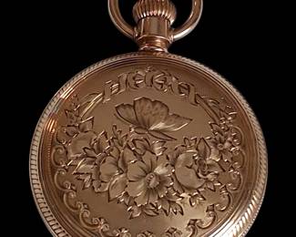 Excellent condition 1884 Elgin 14k Gold Pocket Watch with Blauer made double hinged Hunter Case.  Bird, butterfly and floral motif. 