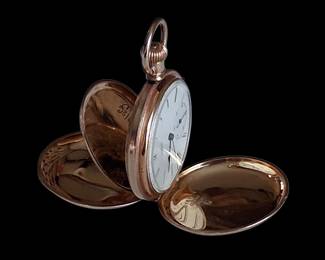 Excellent condition 1884 Elgin 14k Gold Pocket Watch with Blauer made double hinged Hunter Case.  Bird, butterfly and floral motif. 