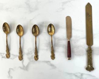 Lot 1119  Antique 1894 Waldo Gold Wash Condiment Spoons and Brass Letter Opener with Woodhandled Spreader Knife