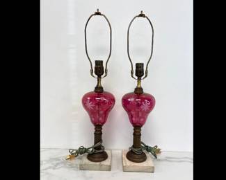 Lot 745  Pair Vintage Cut to Clear Cranberry Glass Lamps