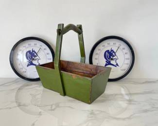 Lot 1170  Vintage Green Grain Bin Two Duke Blue Devil Outdoor Thermometers