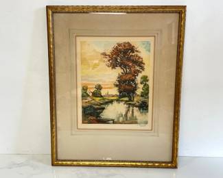 Lot 1024  Vintage Signed L Bouvray Handcolored Landscape Etching Art