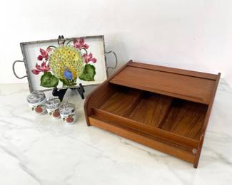 Lot 1215  Vintage TeakTech Desktop Storage Box Royal Worcester Condiment Jars Hand Painted Tray