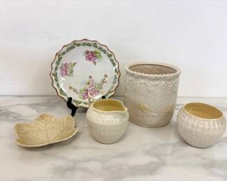 Lot 1140  Vintage Belleek Porcelain Shell Biscuit Jar Creamer Limoges Plate