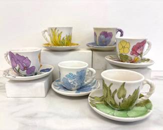 Lot 747  Vintage HandPainted Floral Italy Espresso Cups Saucers