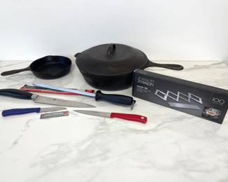 Lot 953  Vintage Cast Iron Skillets Pans Wusthof Germany Knives Expandable Steel Trivet