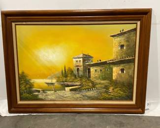 Lot 788  Coastal Villa Oil on Canvas Art Signed