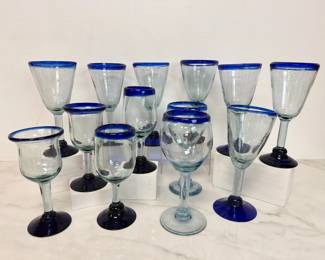 Lot 946  Mexican Blown Glass Cobalt Rim Wine Glasses