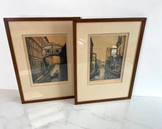 Lot 1020  Signed Vintage Antique Hand Colored Etchings of Venice Italy Art