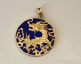 Lot 834  Vintage 14K Gold Lapis Lazuli Chinese Dragon Pendant