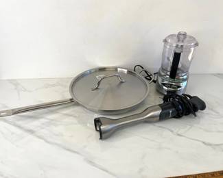 Lot 1214  Breville Immersion Blender Cuisinart 4 cup MiniPrep Plus Chopper Liberty Stainless Steel 12in. Frying Pan