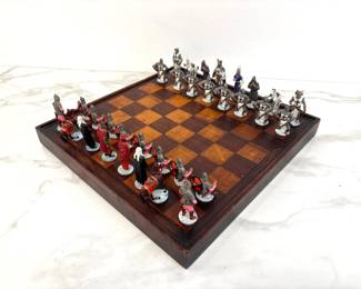 Lot 782  Vintage Cast Metal Crusade Chess Set Mixed Wood Board