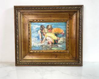 Lot 1010  Signed Oil Painting of Children at Beach Art