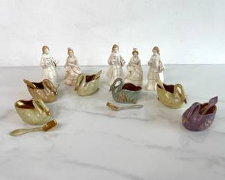 Lot 1093  Vintage Victorian Couple Salt Pepper Shakers Victoria Swan Salt Bowls