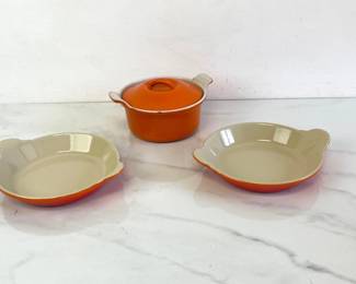 Lot 1037  Le Creuset Flame Orange 14 Dutch Oven 3 Au Gratin Dishes