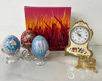 Lot 848  Vintage Handpainted Eggs Staiger Clock Oil on Canvas Art