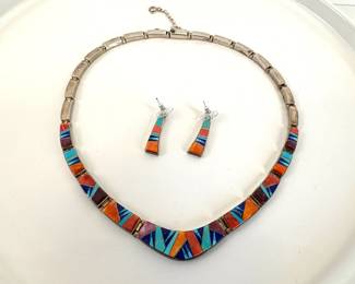 Lot 820  Calvin Begay Navajo Artist Sterling Silver Inlaid Collar Necklace Earrings