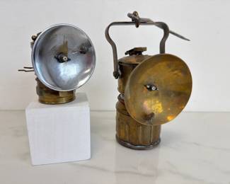 Lot 929  Antique Brass Miners Lamps  Justrite AutoLite