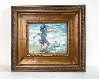 Lot 1011  Signed Oil Painting Child at Beach Art