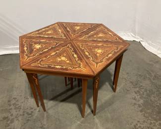 Lot 5152  Shape Shifting Set of 6 Marquetry Inlaid Triangular Tables  See Description