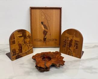 Lot 895  Vintage Buchschmid  Gretaux Wood Bookends Fishing Art Wood Candle Holder