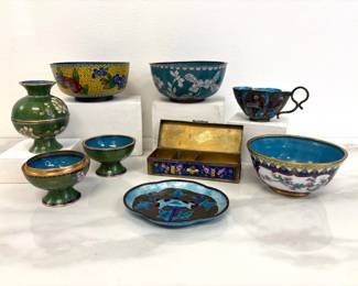 Lot 776  Vintage Cloisonne Enamel Bowls Trinket Dishes Enamel  Brass Stamp Box