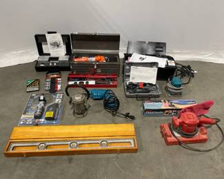 Lot 5040  Assorted Tools including Vintage Builders Level and RR Lantern