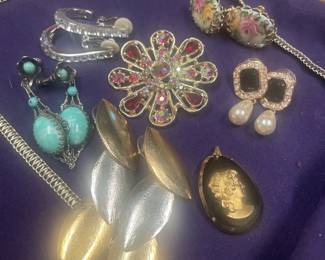 costume pieces both pierced and clip pendants and pins - lots of fun to persuse