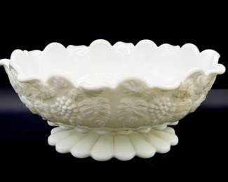 Signed Westmoreland Paneled Grape Milk Glass Pedestal Bowl