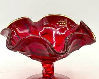 Stickered Viking Glass Company ruby red compote bowl