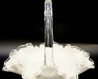 Signed vintage Fenton Silver Crest handled bridal basket Milk Glass