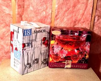 (2) Glassware Sets - New In Box - Feat Concord Harvest 27 Piece Punch Bowl