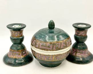 vintage green Chinoiserie lidded jar with two matching candle holders