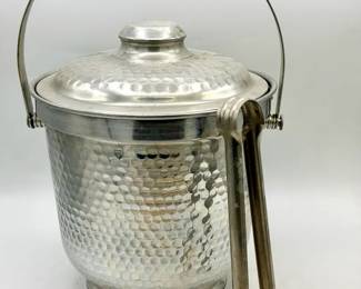 Vintage Hammered Metal Ice Bucket With Tongs