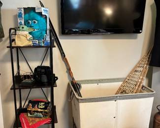 Panasonic TV, Shelf, Vintage Laundry Hamper 