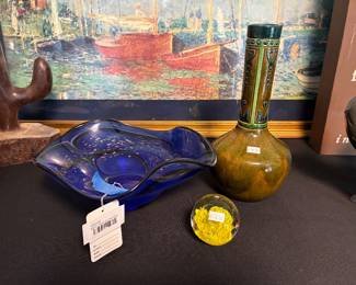 Blown Glass Dish, Paperweight, Vases 