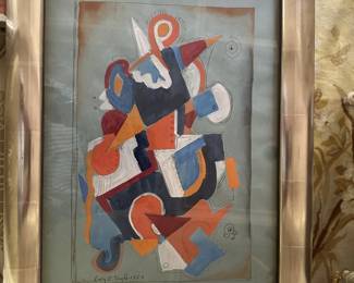 'Untitled' by Lucy L'Engle (1889 - 1978). Gouache and ink on blue paper. Signed and Dated 'Lucy L'Engle 1951'. 16.5" H x 11.5" W