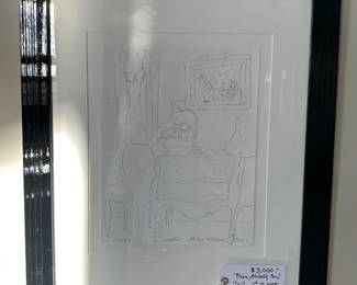 'Hôtel Plaza Athénée, Paris' by Tony Curtis (1925 - 2010). Pen and ink on paper. Signed, titled, and inscribed. Executed in 1989. 14" H x 11"W