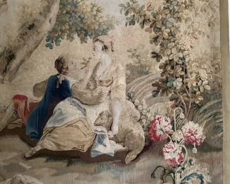 Detail of 'Le Denicheur d'Oiseaux' (The Bird's Nest) Beauvais tapestry, circa 1780.